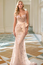 Mermaid Sweetheart Neck Spaghetti Straps Fully Sequins Lace Appliques Prom Party Dress Bow Knot Back Zipper Evening Formal Gown