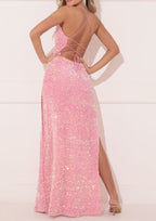 Ärmelloses, bodenlanges, bodenlanges Paillettenkleid mit Spaghettiträgern und Schnürung in Pink – perfekt für Partys, Tanz und Abendveranstaltungen.