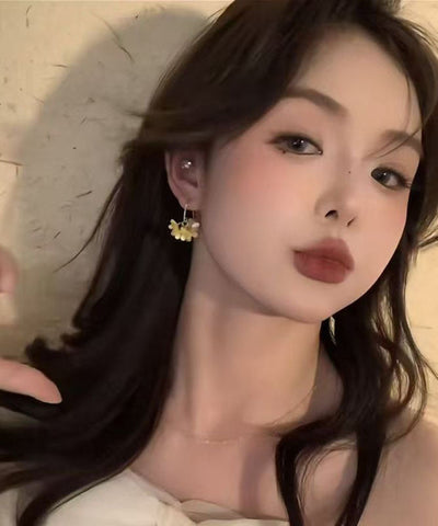 Cute Yellow Copper Acrylic Pearl Floral Hoop Earrings