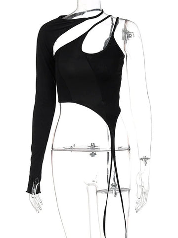 2024 herbst Frauen Solide Slip Halter One-Shoulder Asymmetrische Aushöhlen Schwarz Crop Top Streetwear Sexy Club Tops T-shirts 