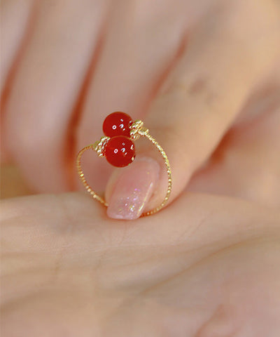Anillos abiertos de ágata dorada en plata de ley roja retro 