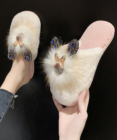 Mode Spleißen Hausschuhe Schuhe Khaki Fuzzy Pelz Zirkon 