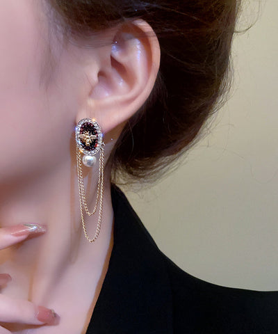Pendientes colgantes con borlas de circonitas, cristales y perlas de aleación de oro a la moda 