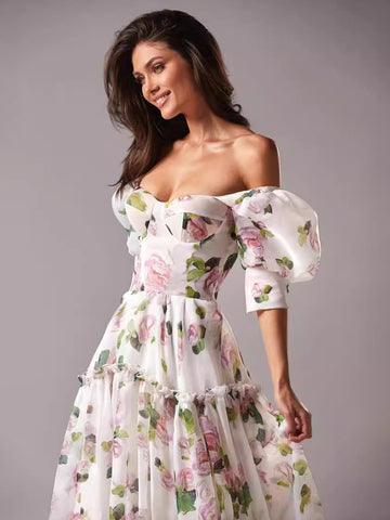Party Dress Floral Off The Shoulder Tiered A-Line Elegant Prom Maxi Dresses