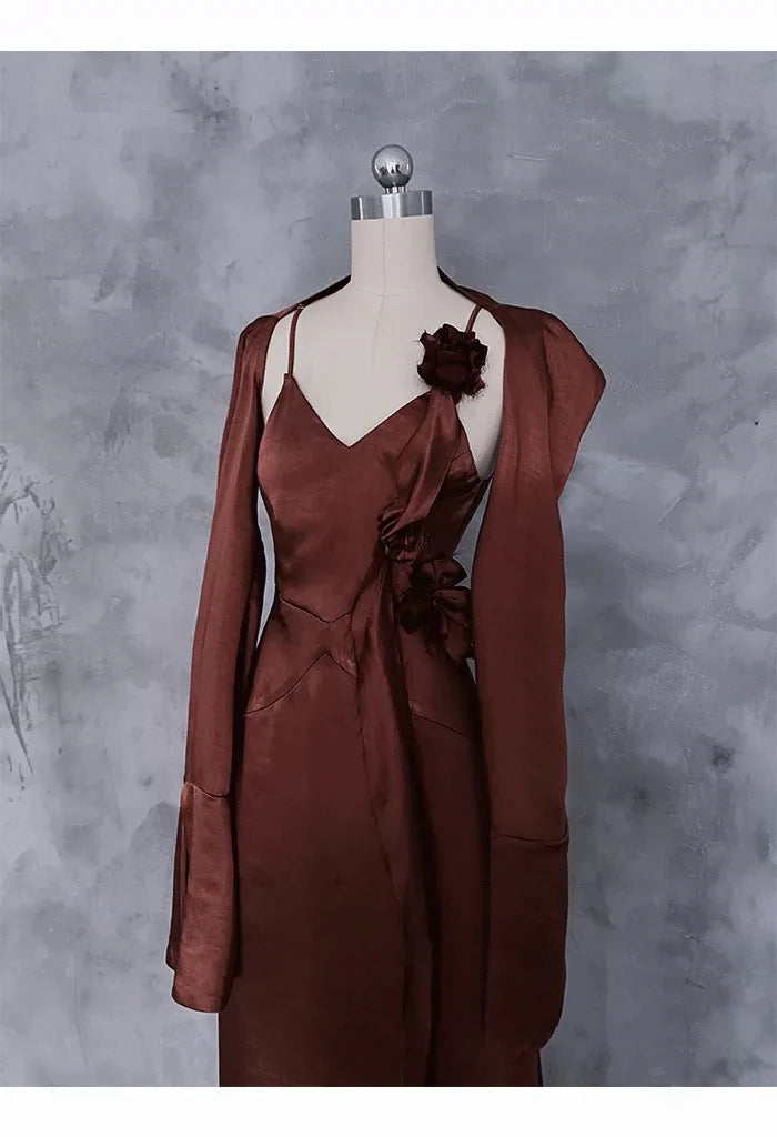 A line Spaghetti Straps Burgundy Floral Long Prom Dresses Birthday Dress