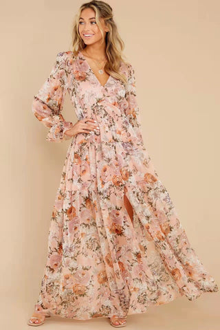 Floral Puff Sleeve V-Neck Ruffle Hem Maxi Dress