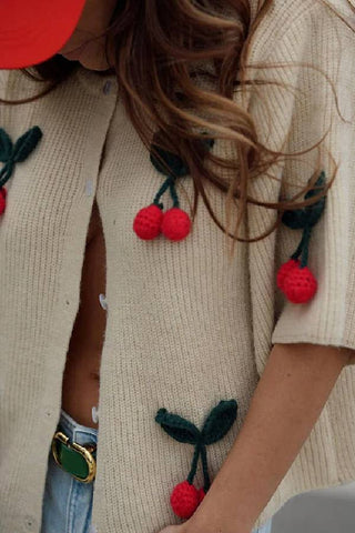 Short Sleeves Button Up Cherry Decorative Knit Sweater