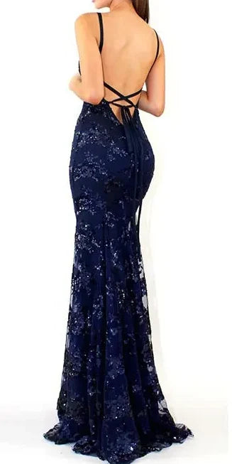 Vestido de fiesta formal largo de sirena azul marino de tul y lentejuelas con escote en V y espalda con cordones