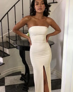 Sexy Side Slit Strapless Evening Party Dress Simple Long PromDresses
