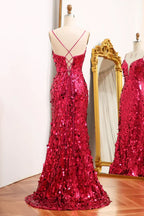Vestidos de noche de sirena con lentejuelas, escote en V profundo y tirantes finos