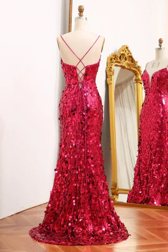 Vestidos de noche de sirena con lentejuelas, escote en V profundo y tirantes finos