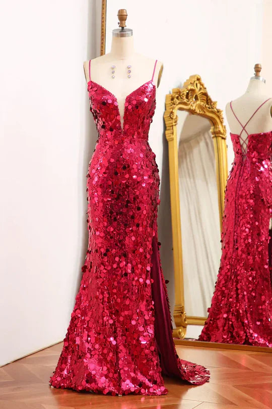 Vestidos de noche de sirena con lentejuelas, escote en V profundo y tirantes finos
