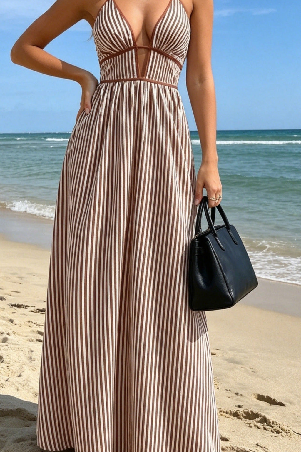 Slim Striped Halter Backless Beach Cami Maxi Dress