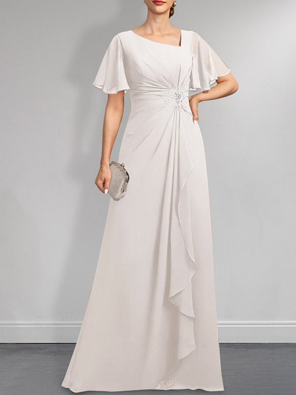 A-Linien-Kleid aus Chiffon in Bodenlänge mit asymmetrischem Schnitt, plissiert und mit Pailletten und Perlenstickerei