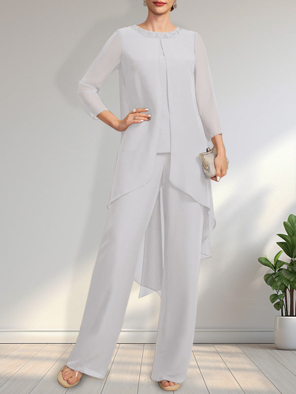 Zweiteiliger Jumpsuit/Hosenanzug, bodenlanges Chiffonkleid für die Mutter der Braut mit Paillettenbesatz und Rundhalsausschnitt.