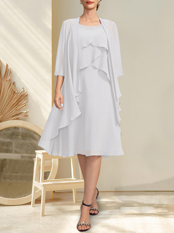 A-Linien-Chiffonkleid mit Rundhalsausschnitt und Perlenstickerei, knielang, für die Mutter der Braut