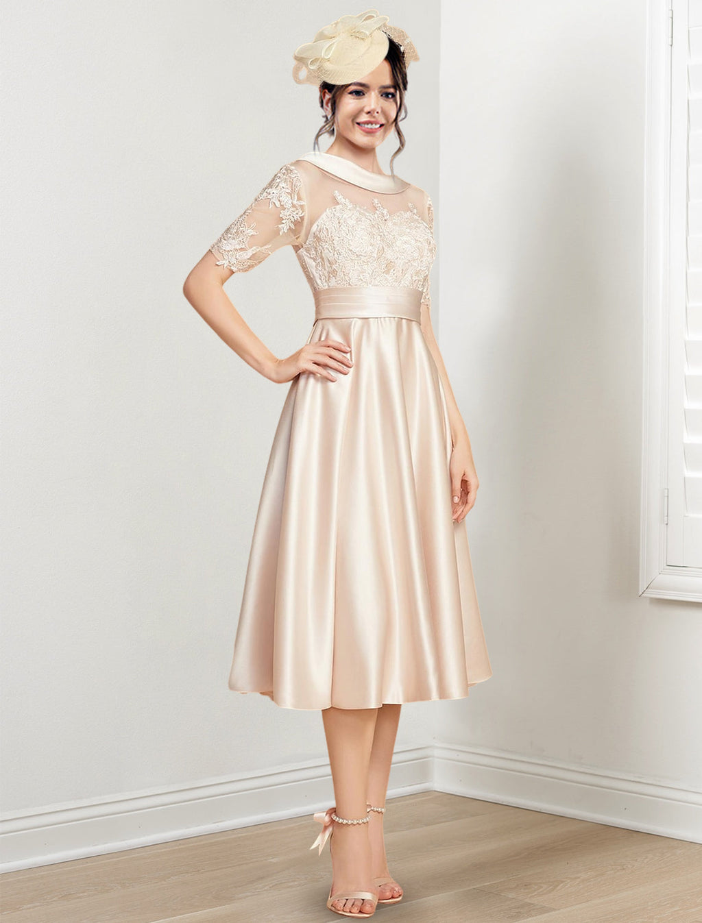 Vestidos de madre de la novia de corte A/princesa con escote redondo y largo hasta la rodilla 