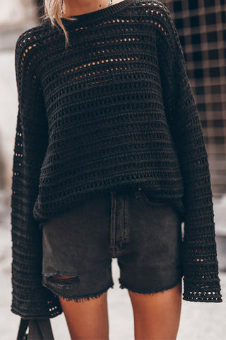 Meridress Rundhalsausschnitt Langarm Aushöhlen Boho Strickpullover