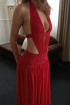 Chic Lace Trim Halter Neck Open Back A Line Maxi Dress