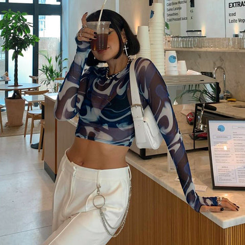 CUTENOVA Top corto sexy Y2K Vintage Harajuku con estampado gráfico de malla transparente, camiseta de manga larga acampanada, corte entallado, ropa estética para mujer 