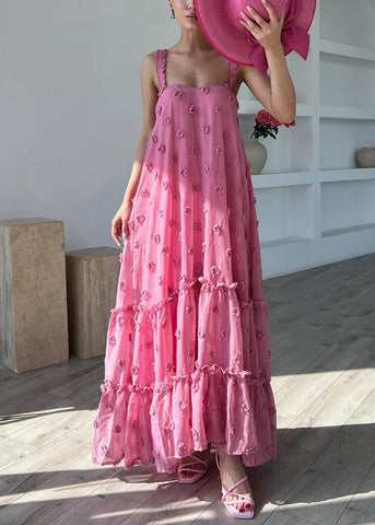 Boho Rosa Rüschen Blumen Baumwolle Spaghettiträger Kleid Ärmellos 