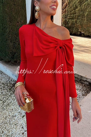 Vanessa Solid Color Long Sleeve Slim Fit Oversized Bow Tie Maxi Dress