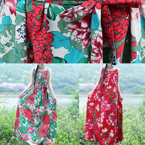 Vestidos largos de verano sin mangas, 100 % lino rojo con estampado floral 