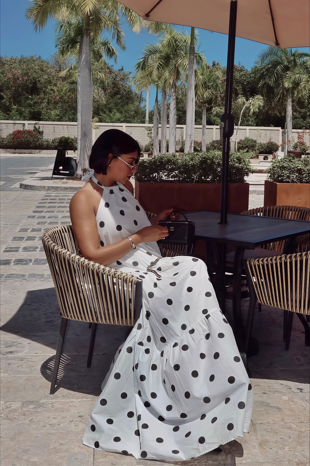 Elegant African Polka Dot Patchwork Halter Neck Swing Maxi Dress