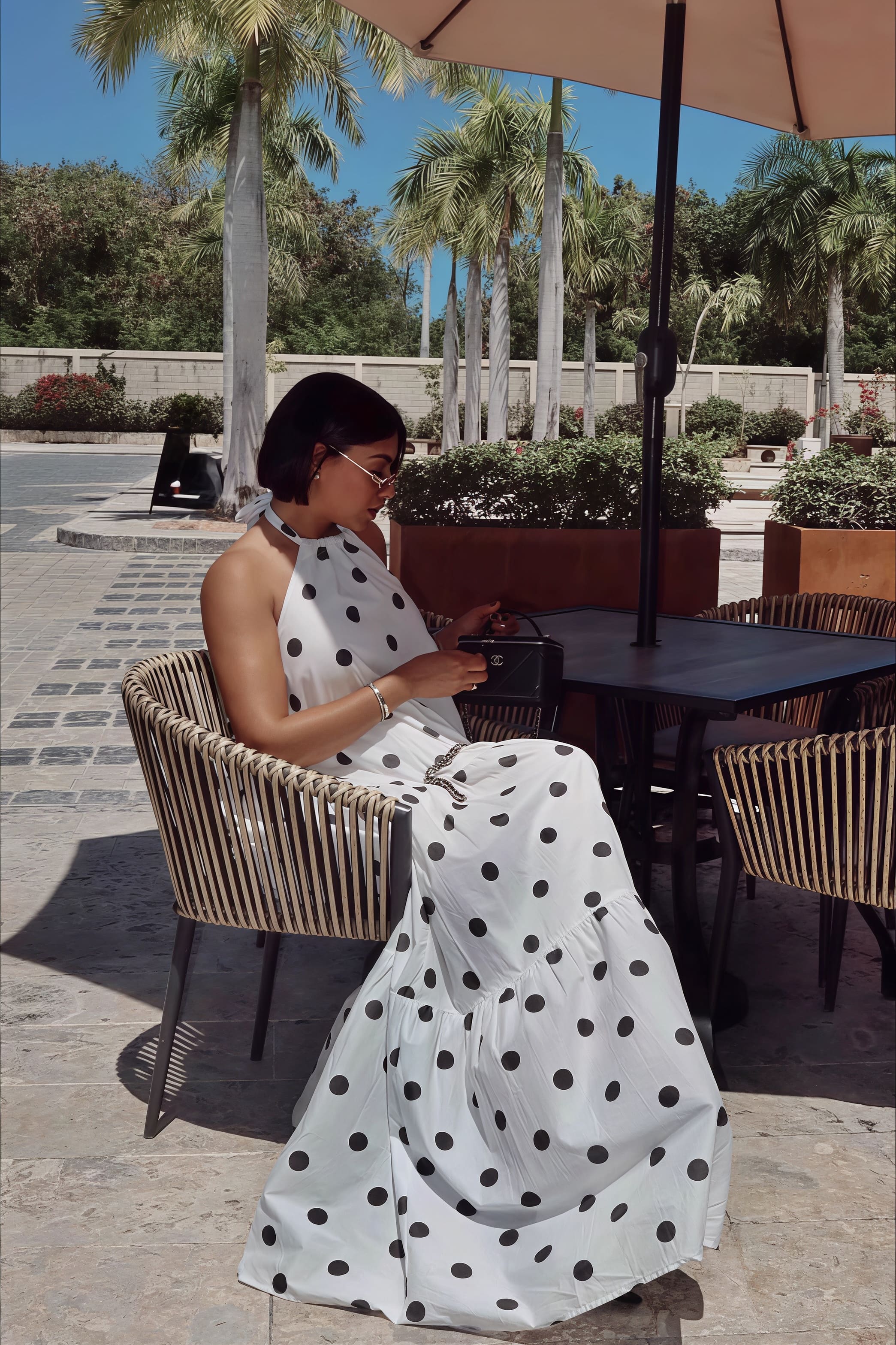 Elegant African Polka Dot Patchwork Halter Neck Swing Maxi Dress
