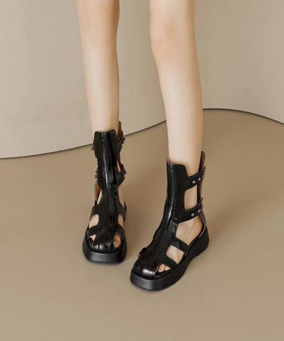 Sandalias de plataforma ahuecadas de moda, botas de cuero de vaca negro 