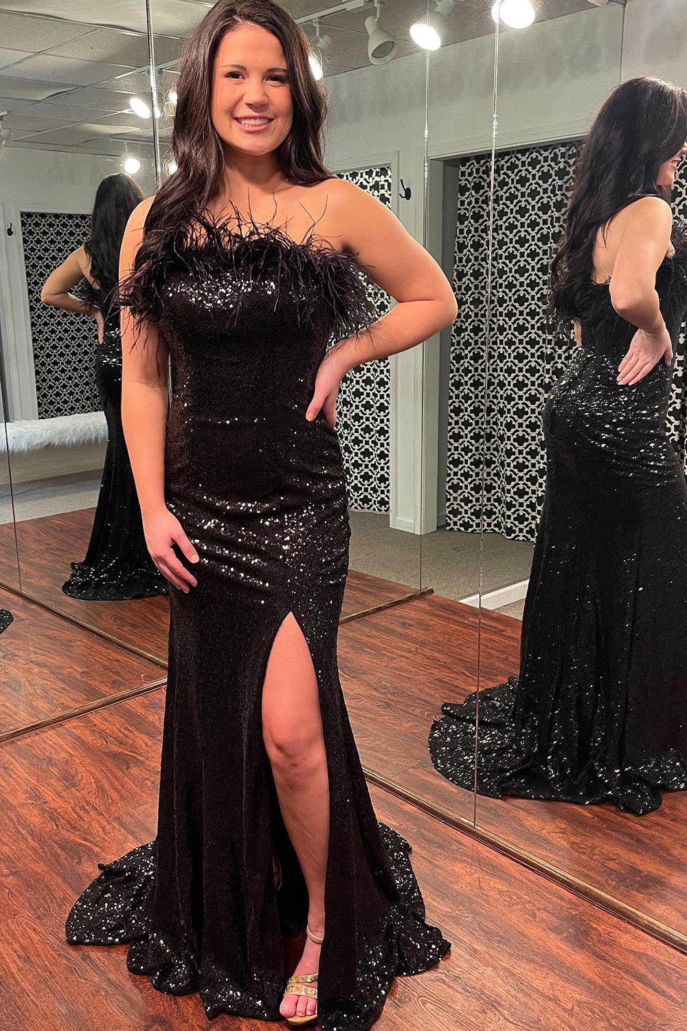 Mermaid Strapless White Sequins Plus Size Prom Dress with Feathers