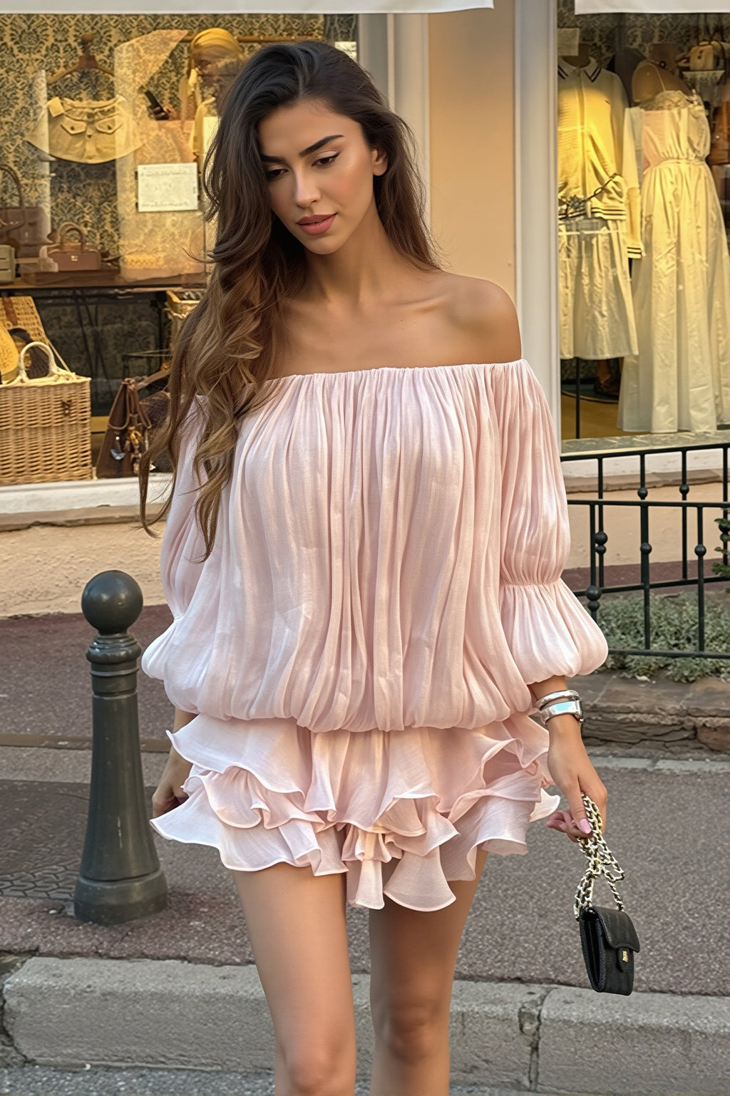 Off Shoulder Ruffle Shiny Fabric Mini Dress