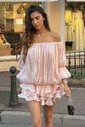Off Shoulder Ruffle Shiny Fabric Mini Dress
