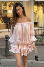 Off Shoulder Ruffle Shiny Fabric Mini Dress