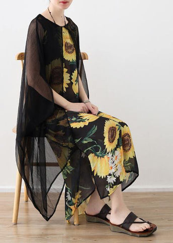 Vestidos sueltos de algodón con estampado floral, falsos vestidos largos de verano de dos piezas. 