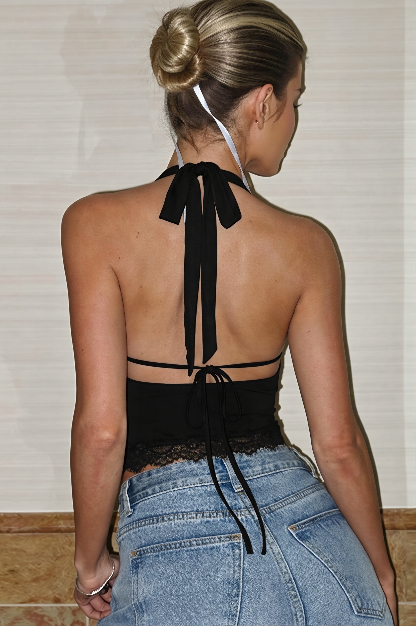 Lace Spliced Cowl Neck Tie Halter Top