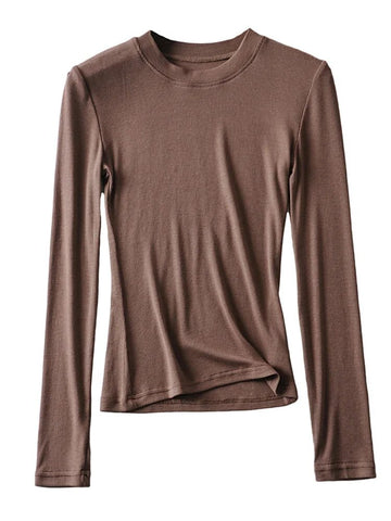Camiseta de algodón de punto para mujer, informal, ajustada, elástica, con cuello redondo y manga larga, 2024 