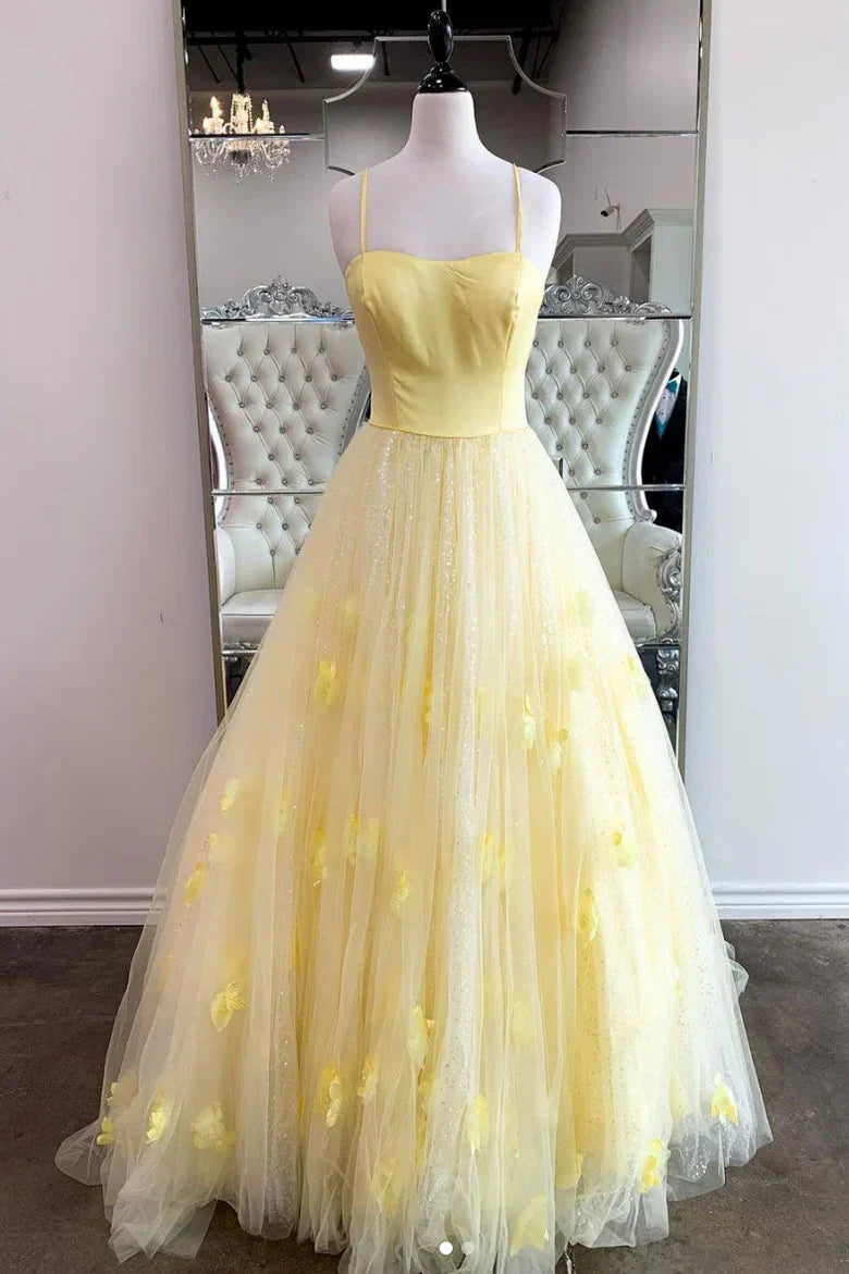Vestidos de fiesta de tul con tirantes finos, corte A y flores
