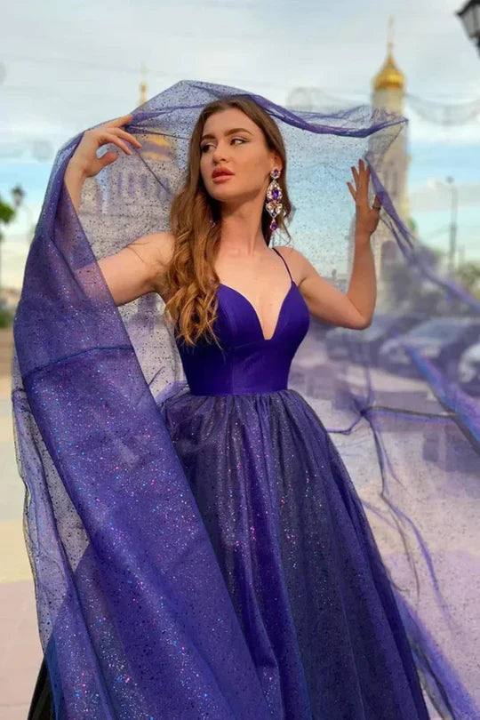 Vestidos de fiesta de graduación de tul con escote en V, sin mangas y corte A
