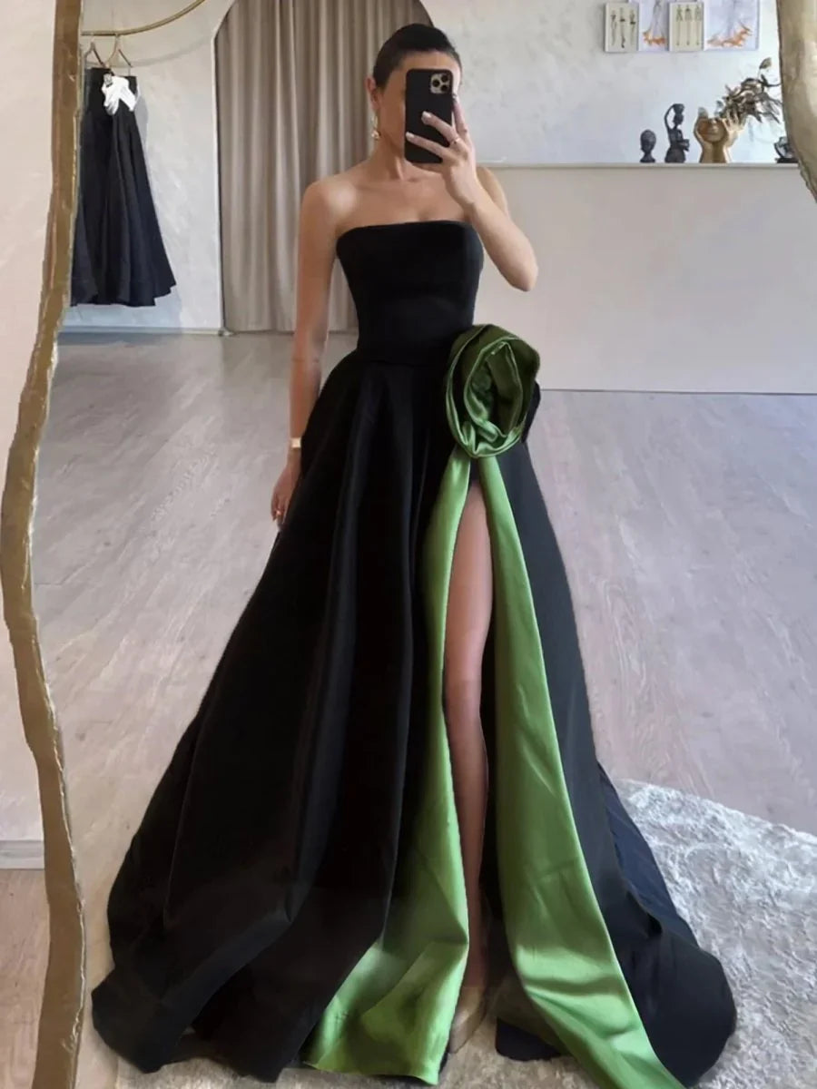 Strapless Satin Long Prom Dress With High Split