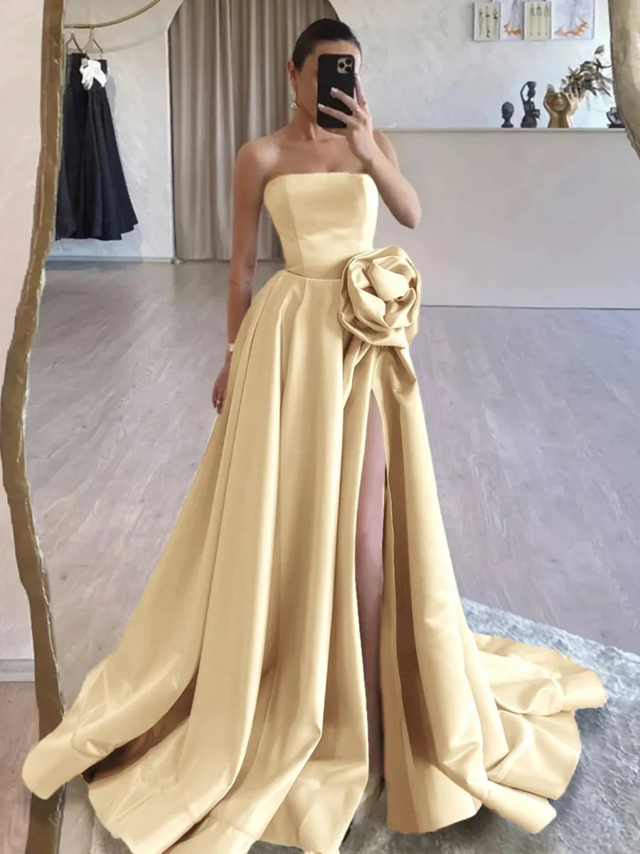 Strapless Satin Long Prom Dress With High Split