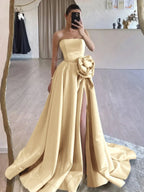 Strapless Satin Long Prom Dress With High Split