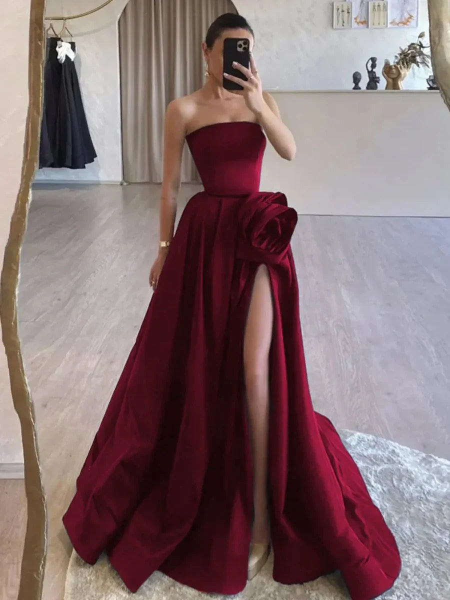Strapless Satin Long Prom Dress With High Split