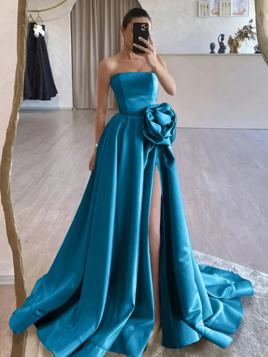 Strapless Satin Long Prom Dress With High Split