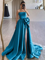 Strapless Satin Long Prom Dress With High Split