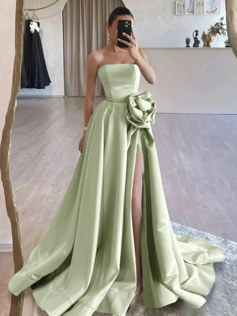 Strapless Satin Long Prom Dress With High Split
