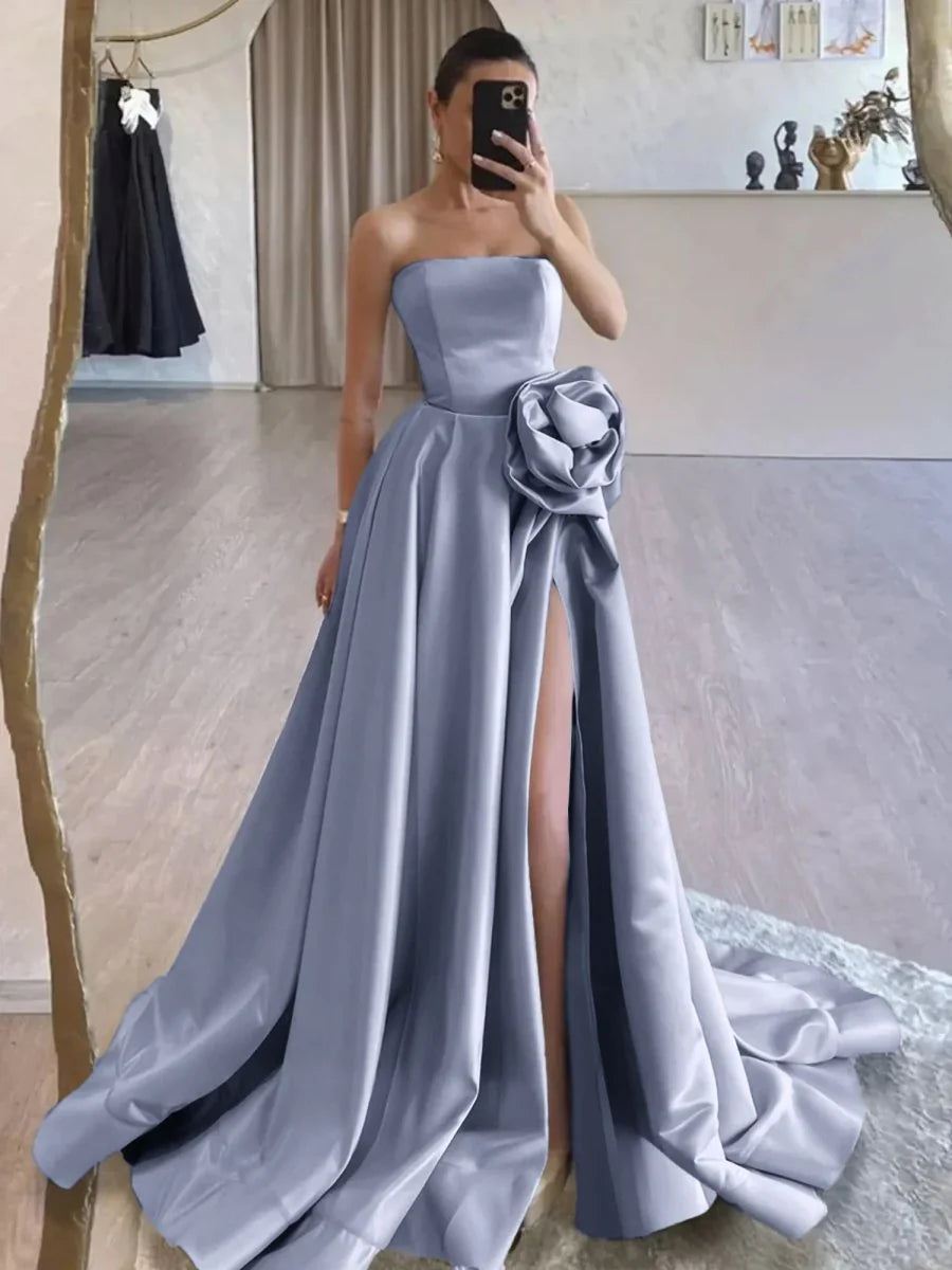 Strapless Satin Long Prom Dress With High Split