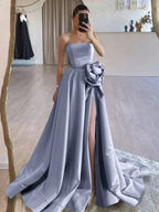 Strapless Satin Long Prom Dress With High Split