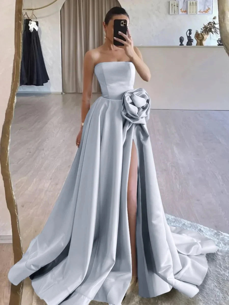 Strapless Satin Long Prom Dress With High Split