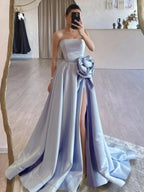 Strapless Satin Long Prom Dress With High Split